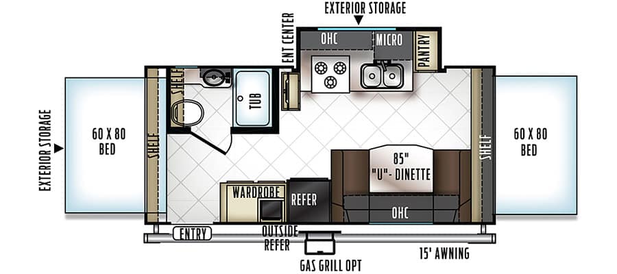 Floor plan of the 2017 Rockwood Roo 21DK hybrid trailer